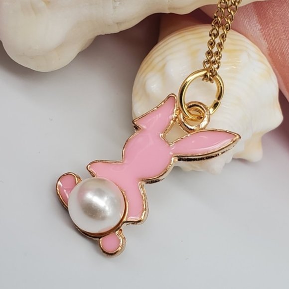 Baby Rabbit Bunny's Pink Enameled Faux Pearl Gold Chain Necklace - Picture 4 of 6